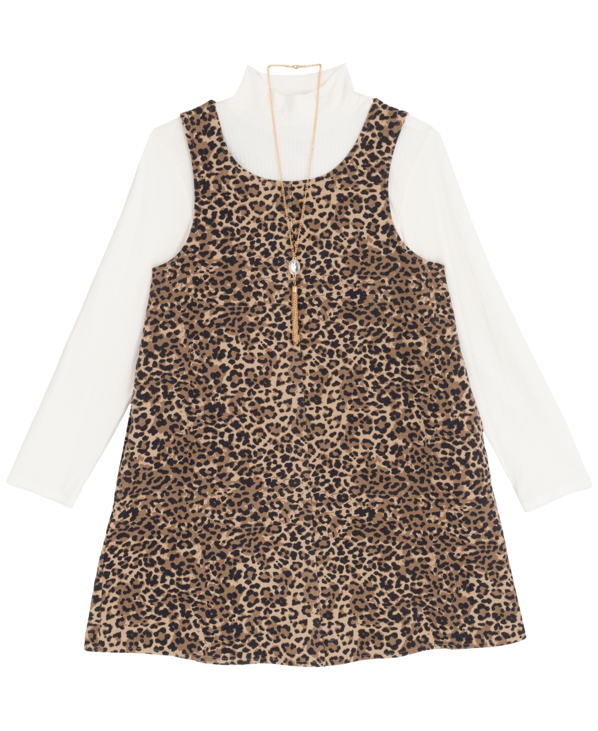 Rare Editions Big Girl 2-piece Denim Animal Printed Dress Over Ribbed T-shirt With Necklace Set In Brown