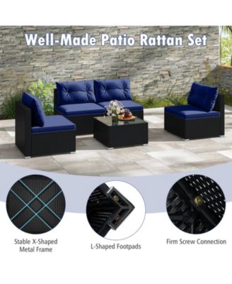 Ratten, Tempered Glass Tabletop 5 PCS Patio Furniture Set w/ Seat & Back Cushions