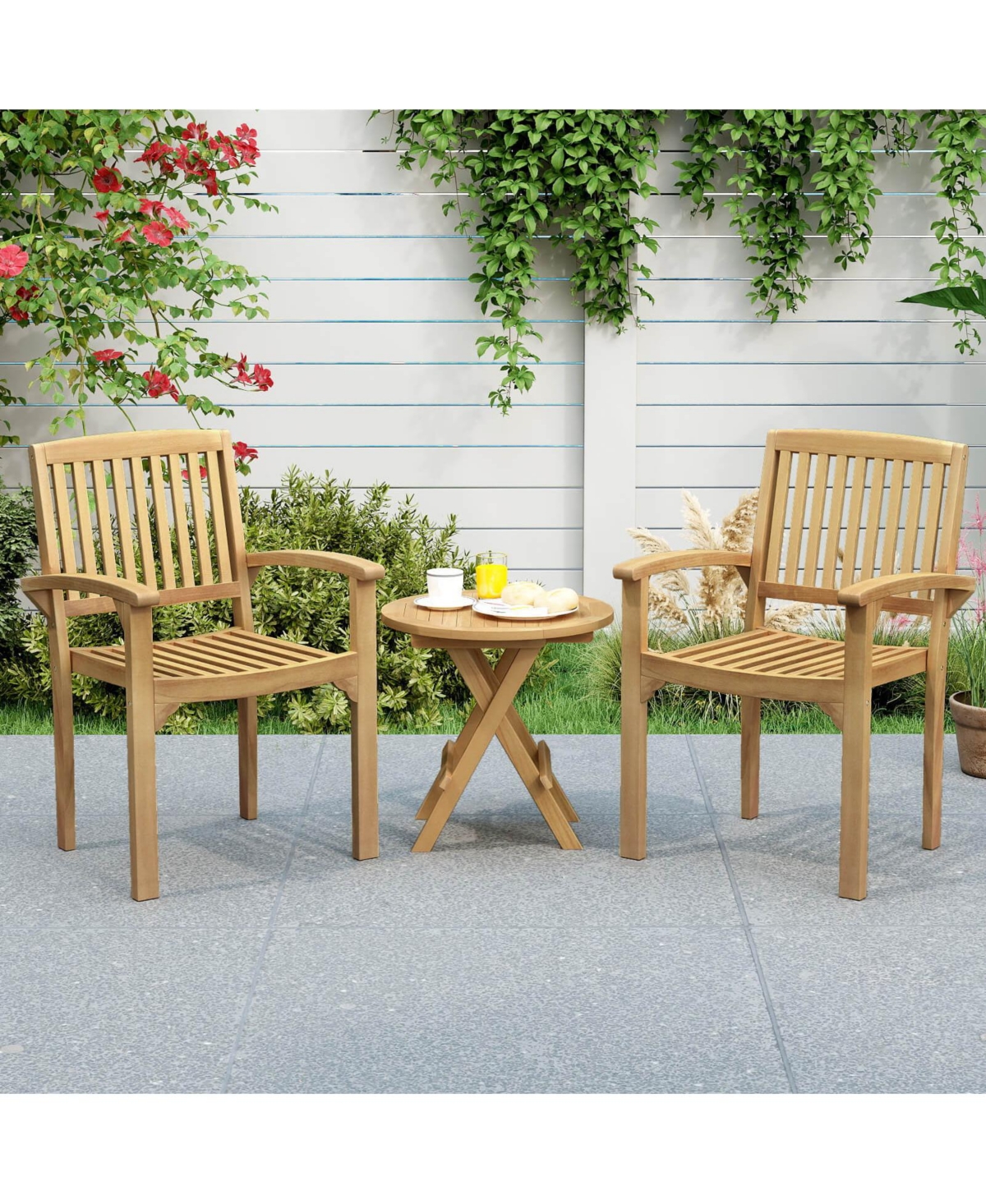 Outdoor Patio Chair Teak Wood Armchair with Slatted Seat & Curved Seat