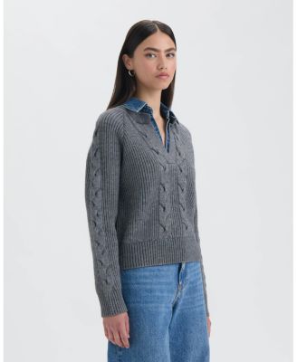 Women’s Twofer Cable Front Sweater with Denim Collar