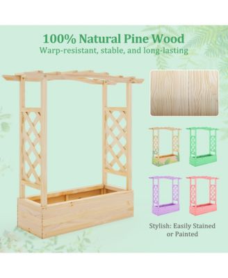 Wooden Raised Garden Bed w/ Trellis & Hanging Roof Planter Box Drainage System
