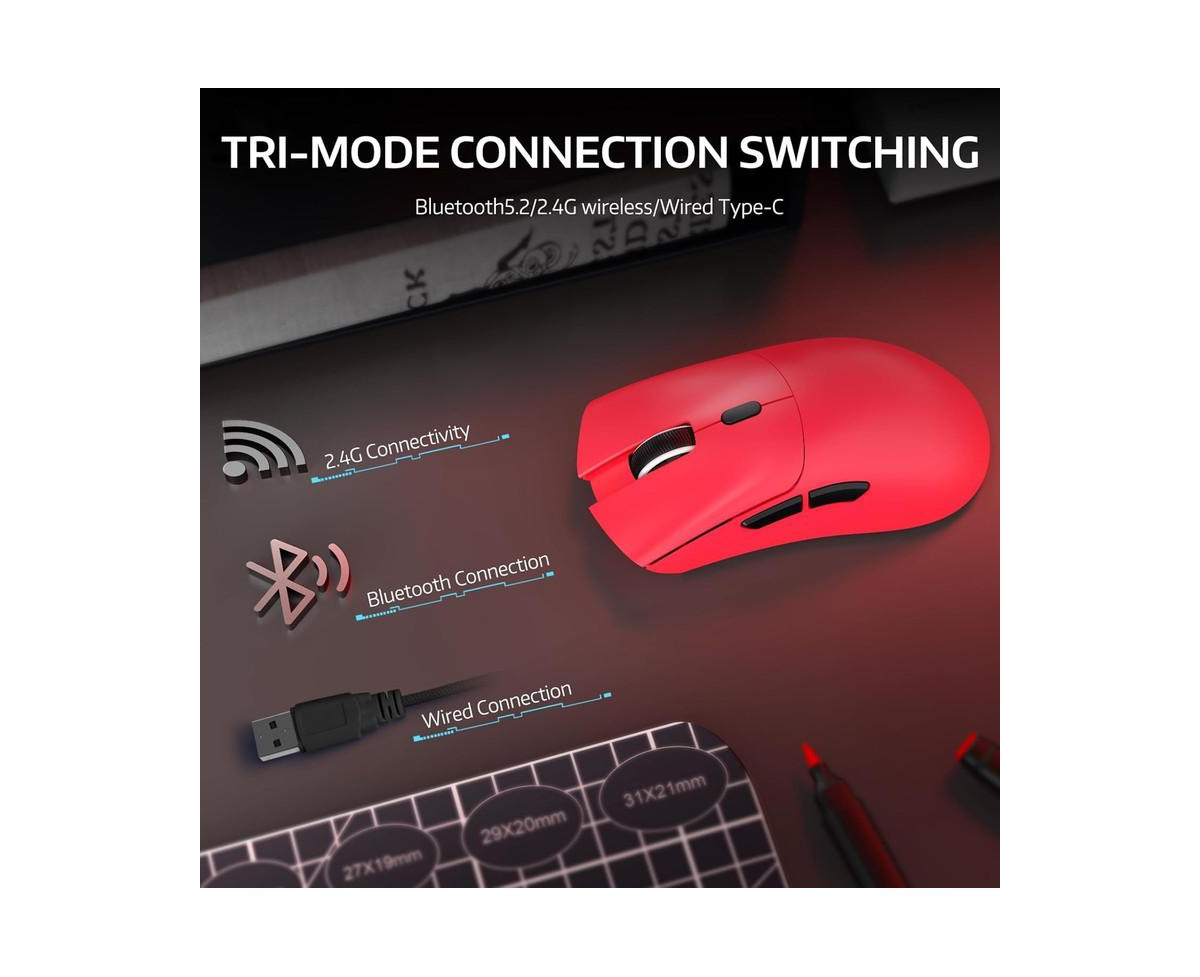 risokeys Wireless Gaming Mouse,Tri-Mode Connection (2.4G/Wired/BT5.2),55g Lightweight,18K Dpi Optical Sensor, 20 Million Key Life,Ergonomic Design,for
