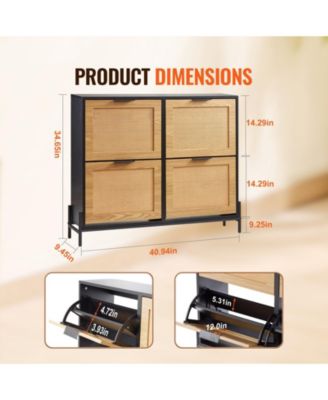 Narrow Rattan Shoe Cabinet with 4 Flip Drawers, Slim Entryway Storage with Metal Legs