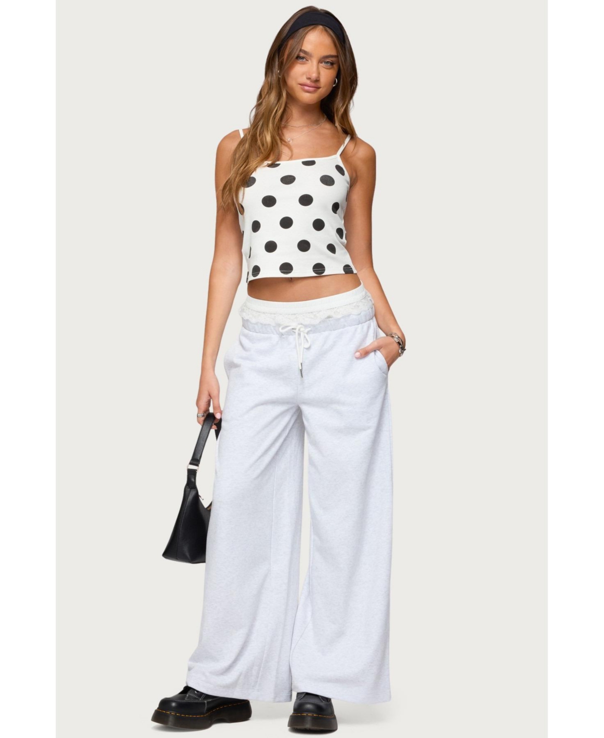 Edikted Womens Tamia Peekaboo Ruffle Lace Sweatpants