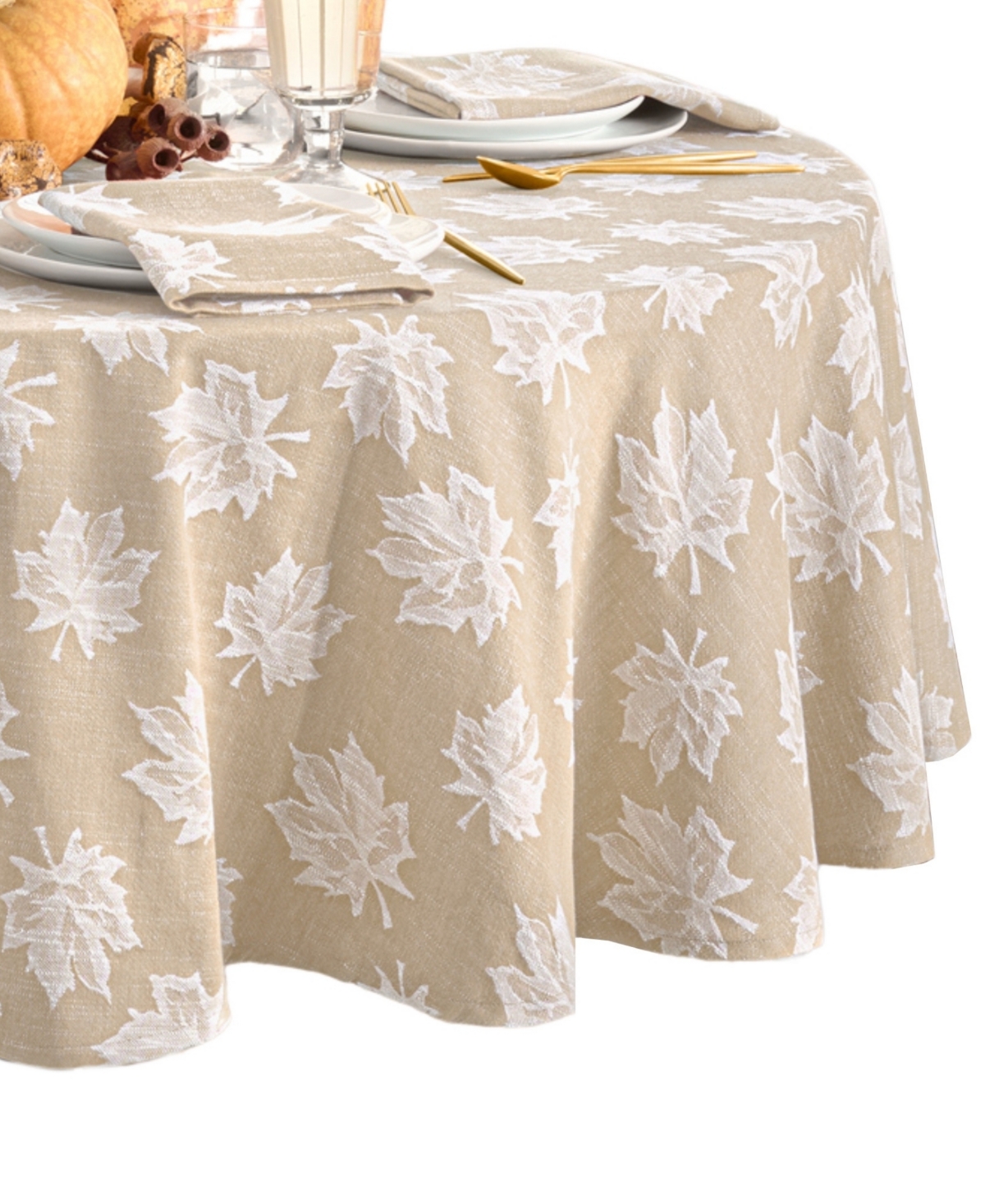 Elrene Falling Leaves Jacquard Cotton Tablecloth, 70" Round In Brown