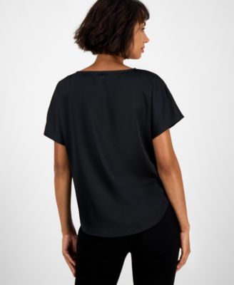 Petite Embellished-Boat-Neck Short-Sleeve Blouse 