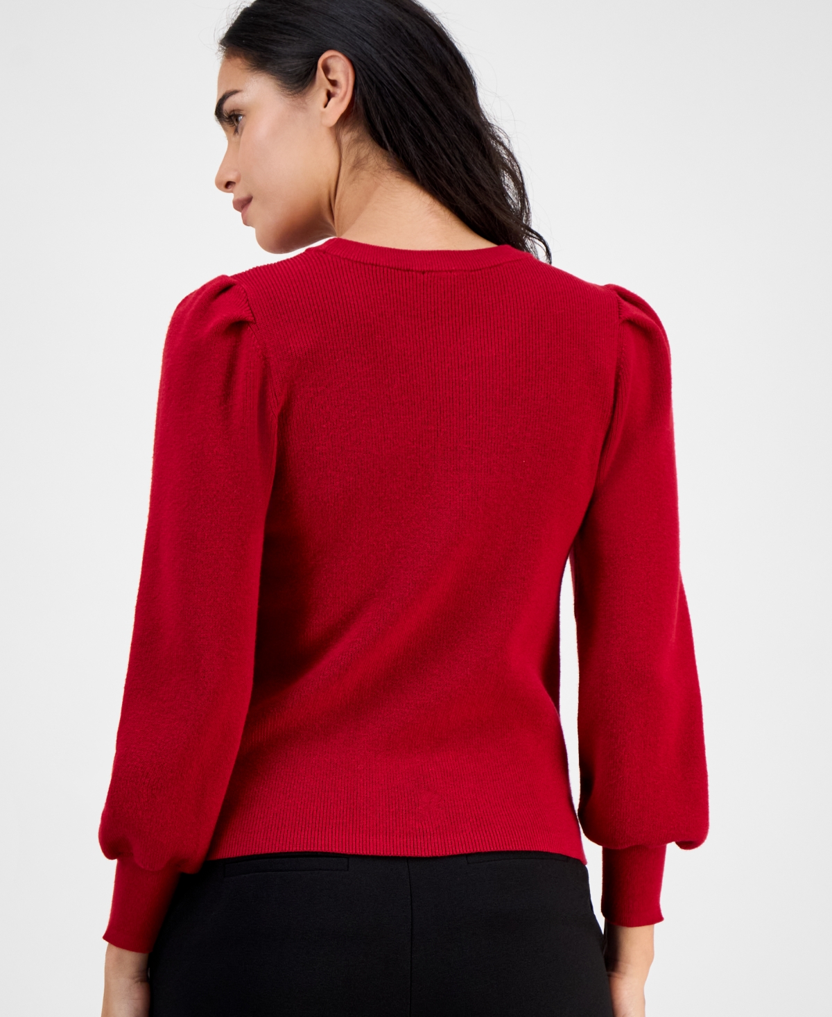 Ak Anne Klein Petite Crewneck Long-puff-sleeve Sweater In Red