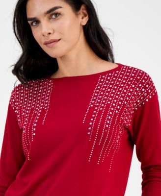 Petite Embellished Boat-Neck Long-Sleeve Top 