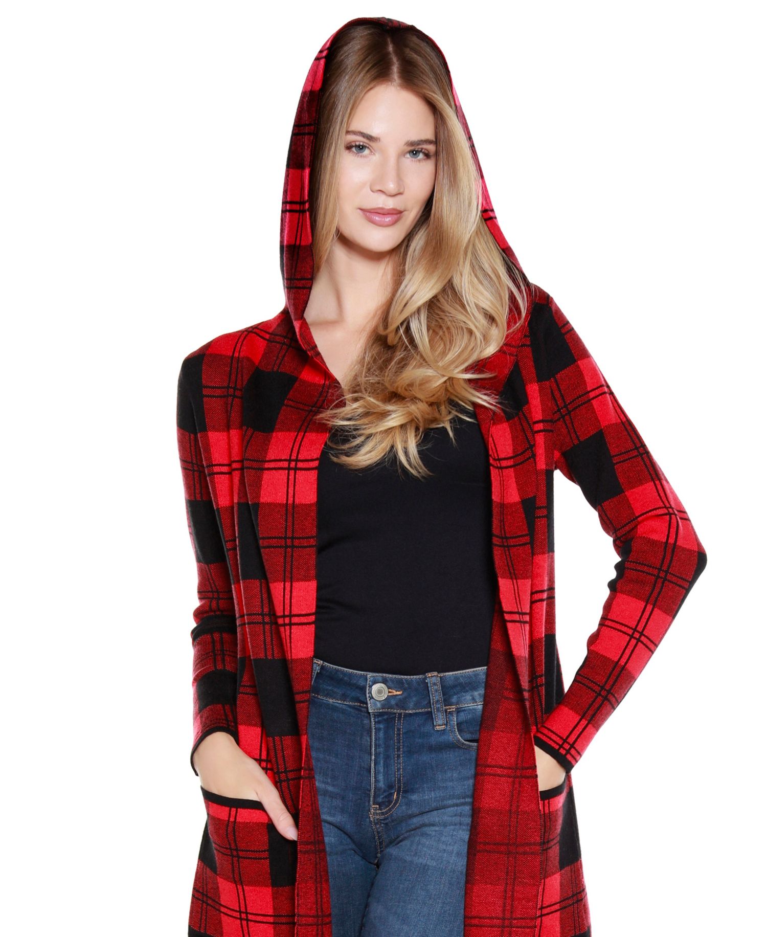 Women's Hooded Checkered Plaid Coatigan Sweater
