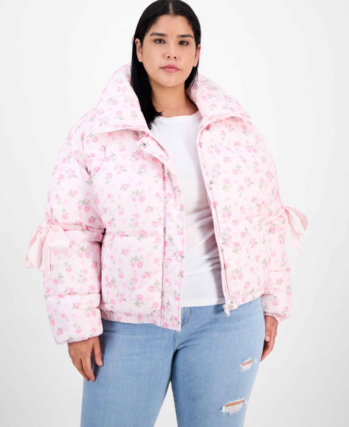 Madden Girl Trendy Plus Rose Bow-Sleeve Puffer Jacket