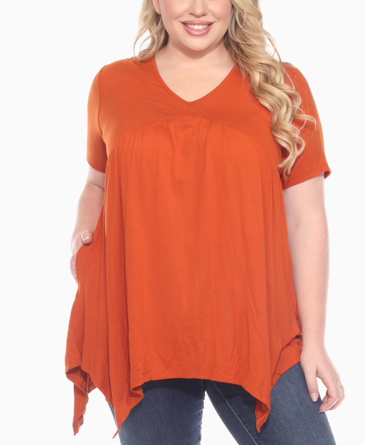 White Mark Plus Size Short Sleeve Shirred Front Knit Top In Orange