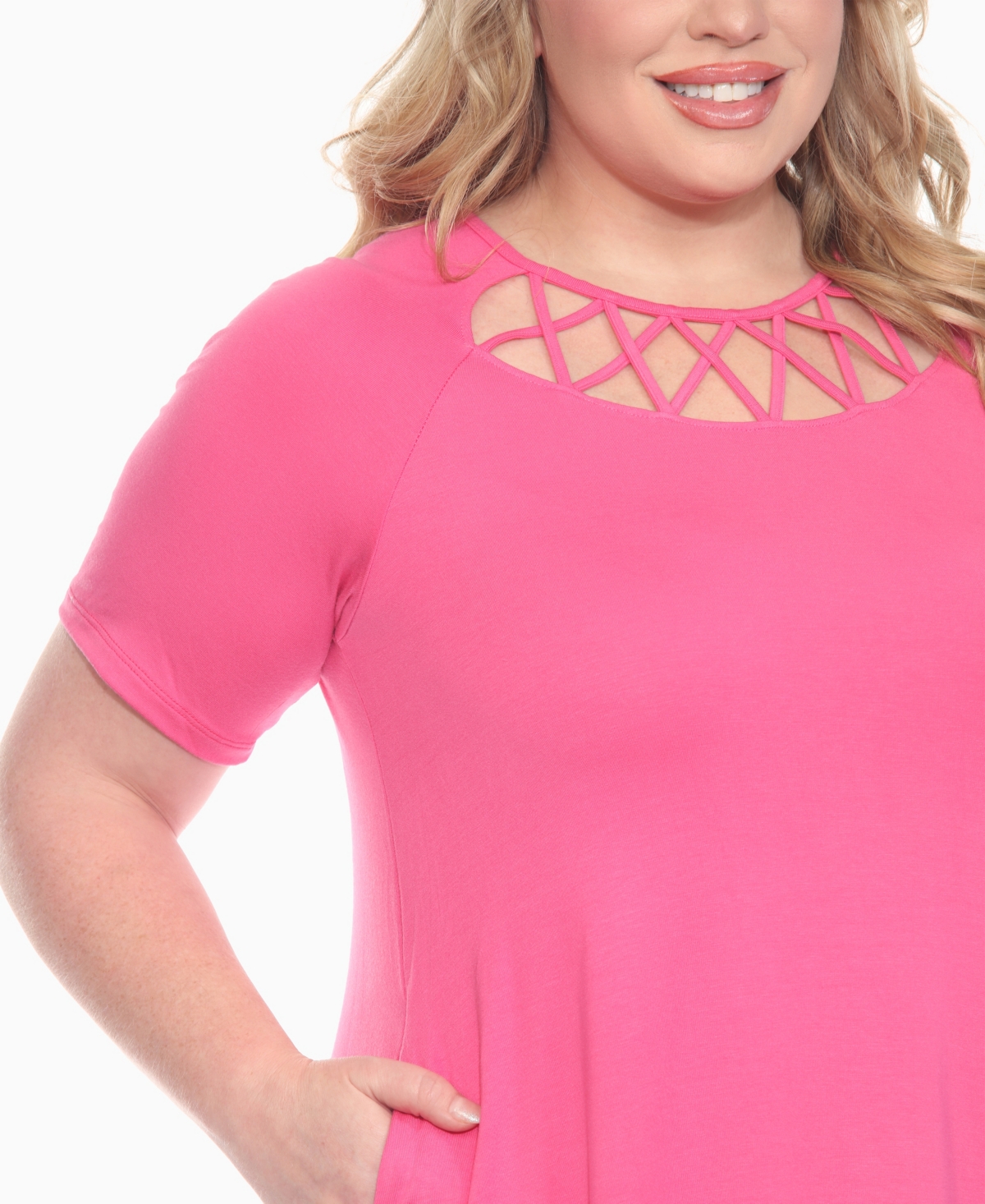 White Mark Plus Size Short Sleeve Crisscross Neck A-line Dress In Pink