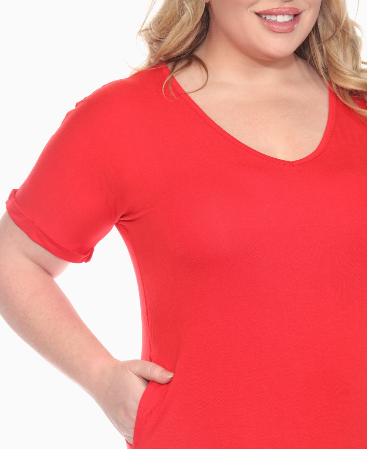 White Mark Plus Size V-neck Folded Sleeves And Pockets Knee-length Dress In Red
