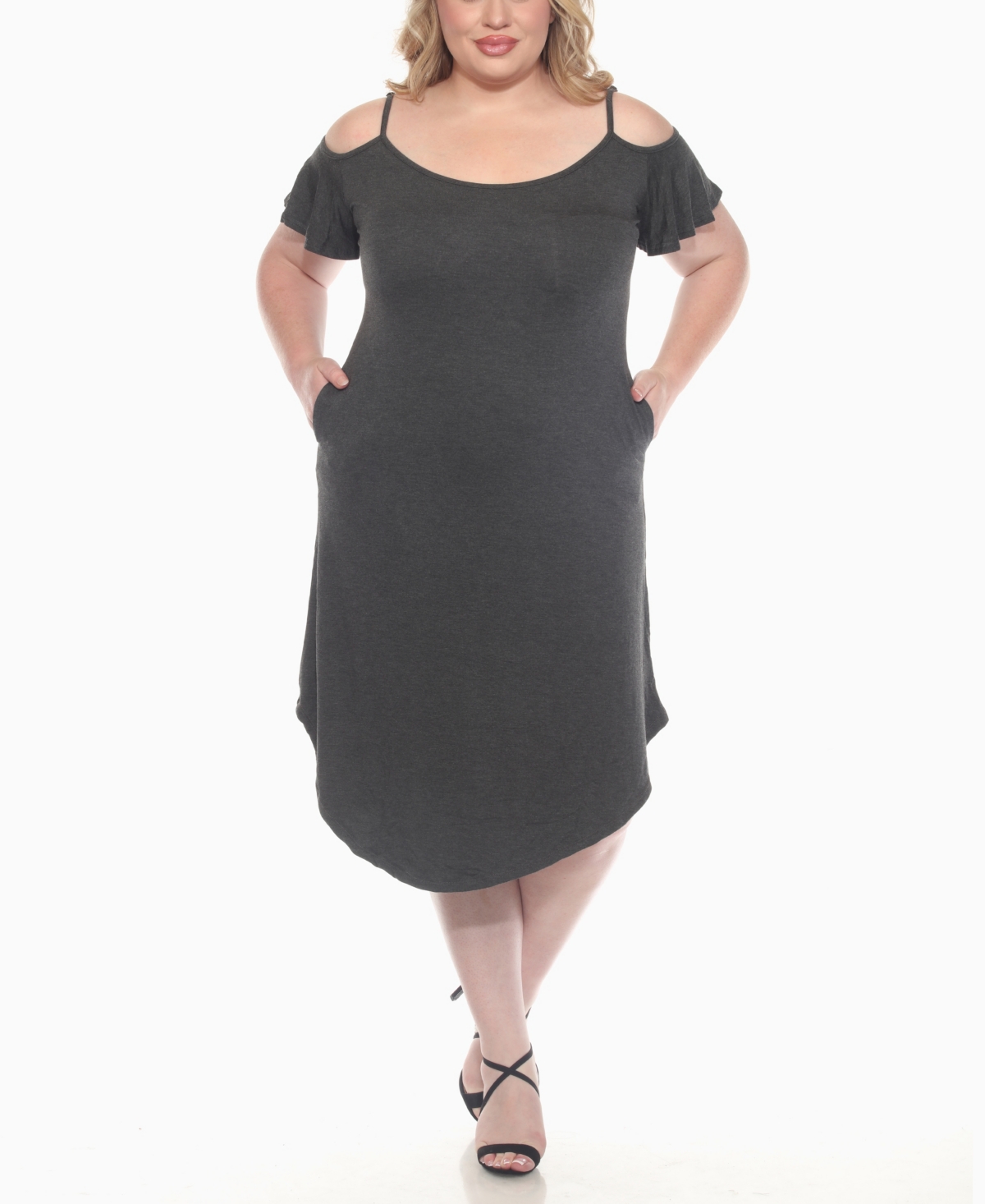 White Mark Plus Size Casual Scoop Neck Flutter Sleeve Knee Length Dress In Gray