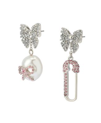 Faux Stone Bow Pearl Safety Pin Mismatch Earrings
