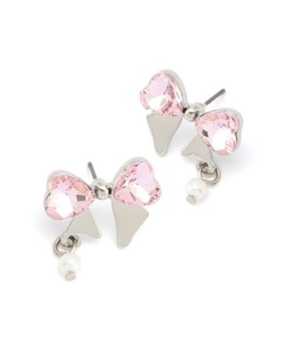 Faux Stone Heart Bow Cultivated Pearl Stud Earrings