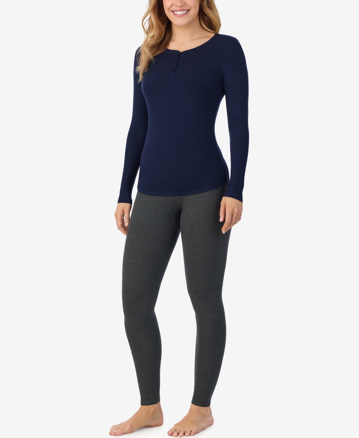 Cuddl Duds Petite Henley Neck Long Sleeve Top In Blue