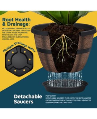 10" Whiskey Barrel Planters, Set of 6 – Rustic plastic pots with drainage & saucers, perfect for indoor/outdoor flowers, herbs & small plants