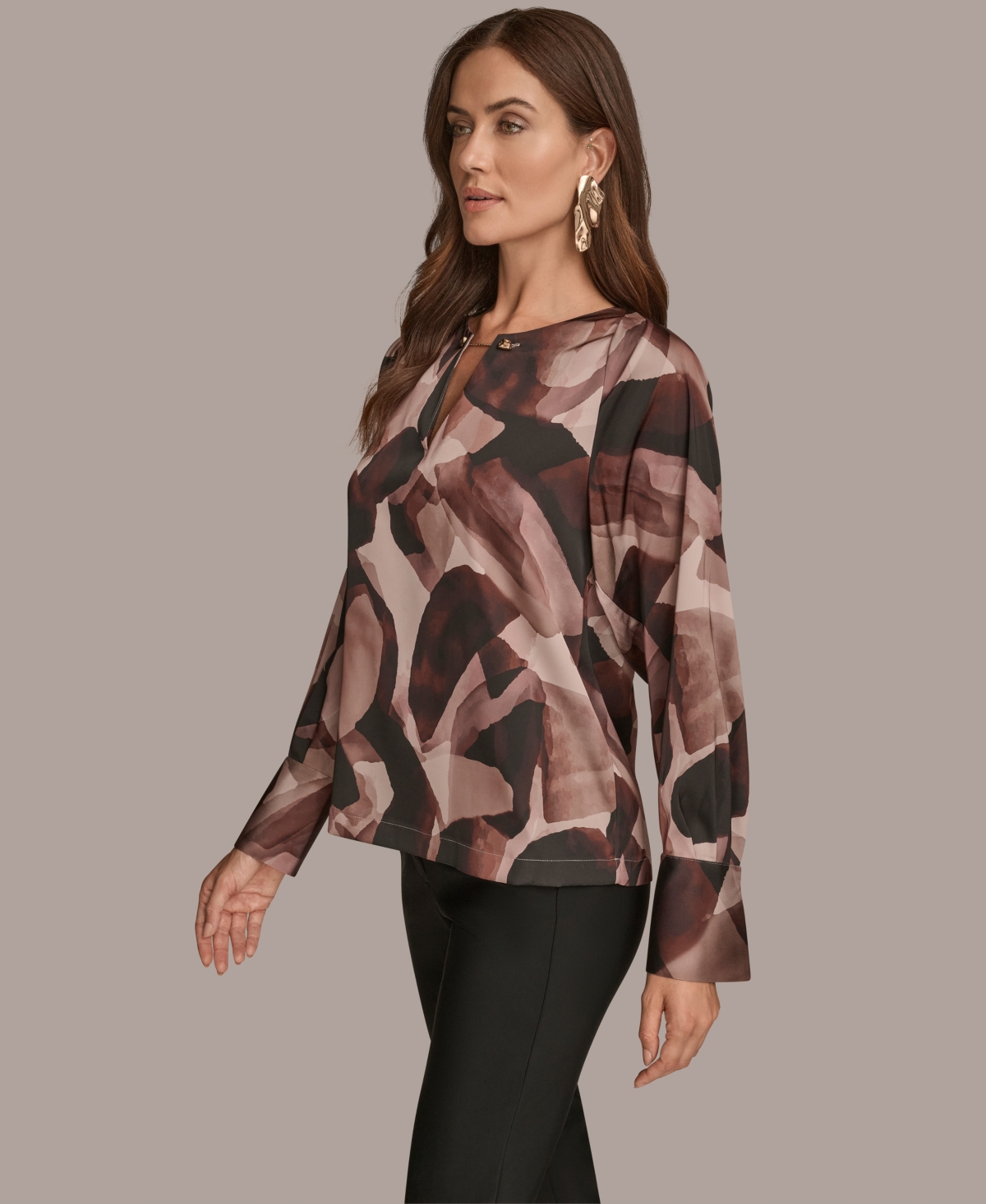 Donna Karan New York Abstract Print Chain Detail Long Sleeve Top In Brown