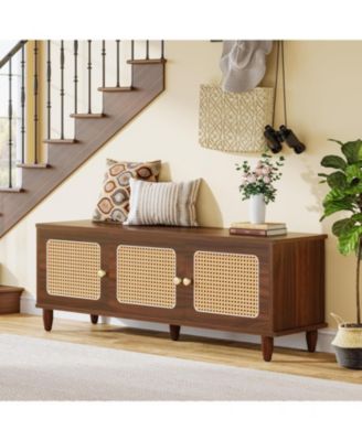 55&amp;quot; Shoe Bench with Lift Top Storage, 2-Tier Entryway Bench with 3 Rattan Doors