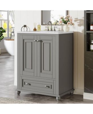 24" Bathroom Vanity with Ceramic Sink Combo, Freestanding Storage Cabinet with 2 Doors & 1 Drawer, Solid Wood Frame, Grey