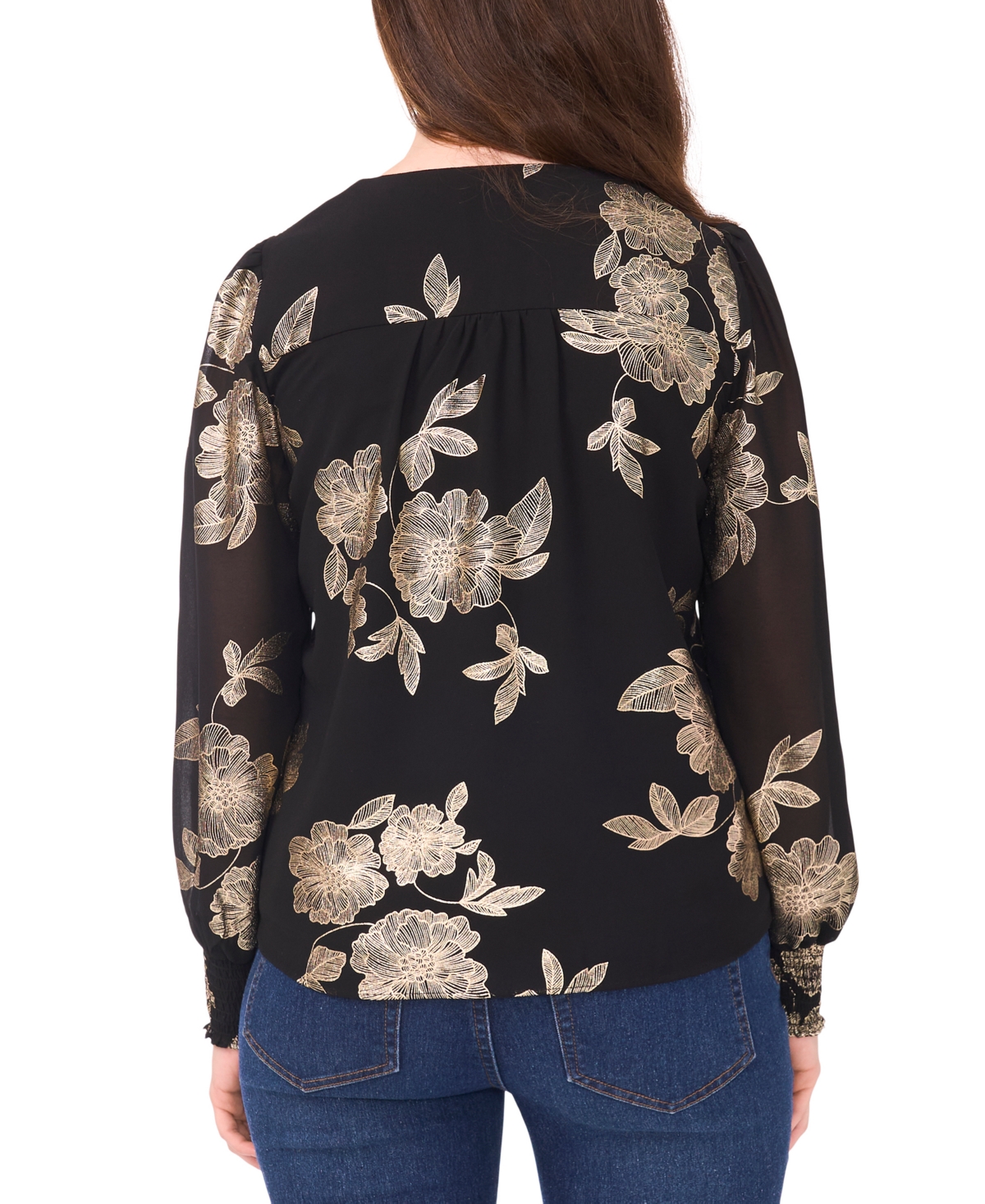 Sam & Jess Petite V-neck Smocked-shoulder Blouse In Black