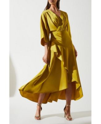 Women's Satin Crepe Ruffle Wrap Midi Dress