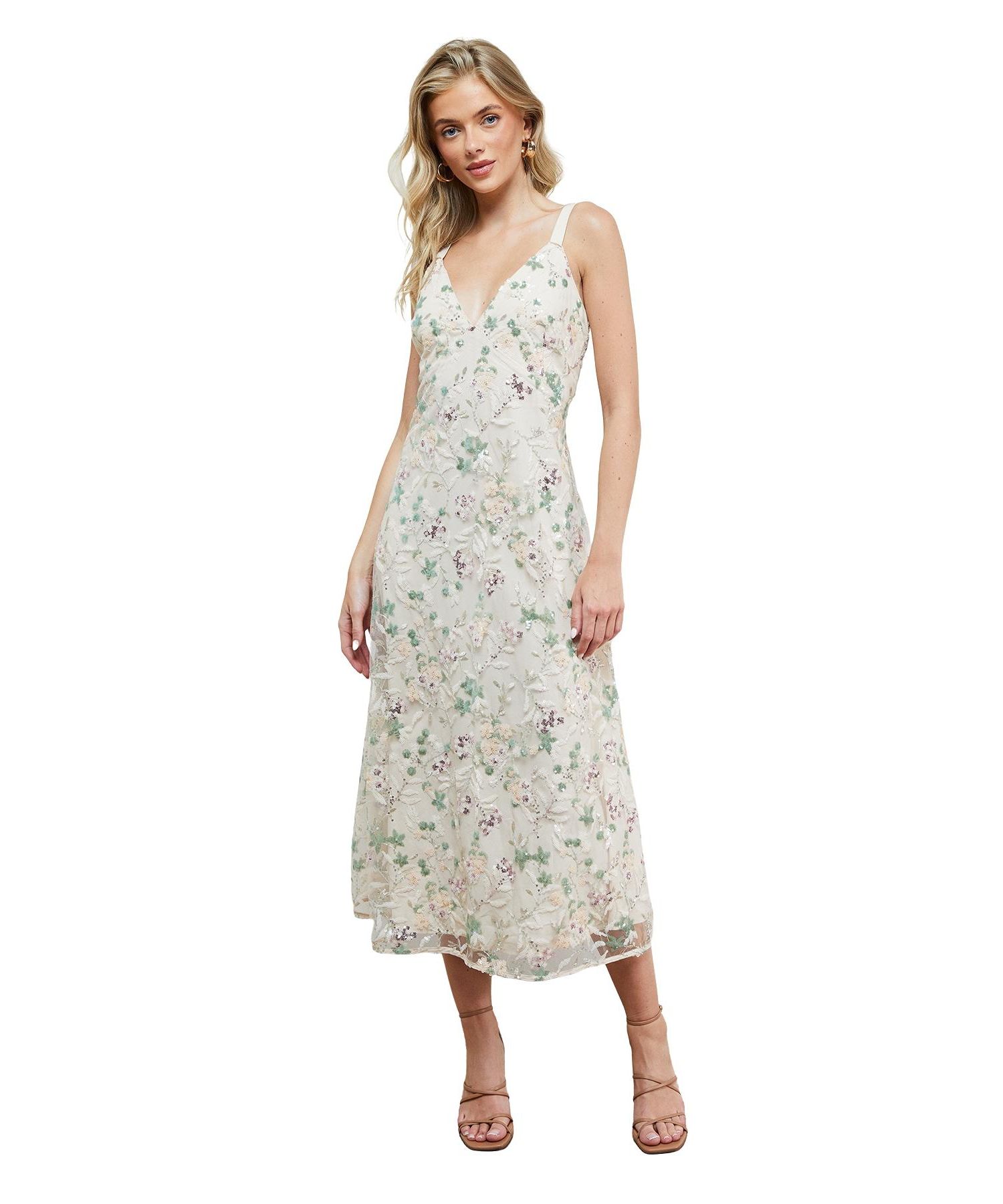 Women's Hand Embellished V-Neck Midi Dress