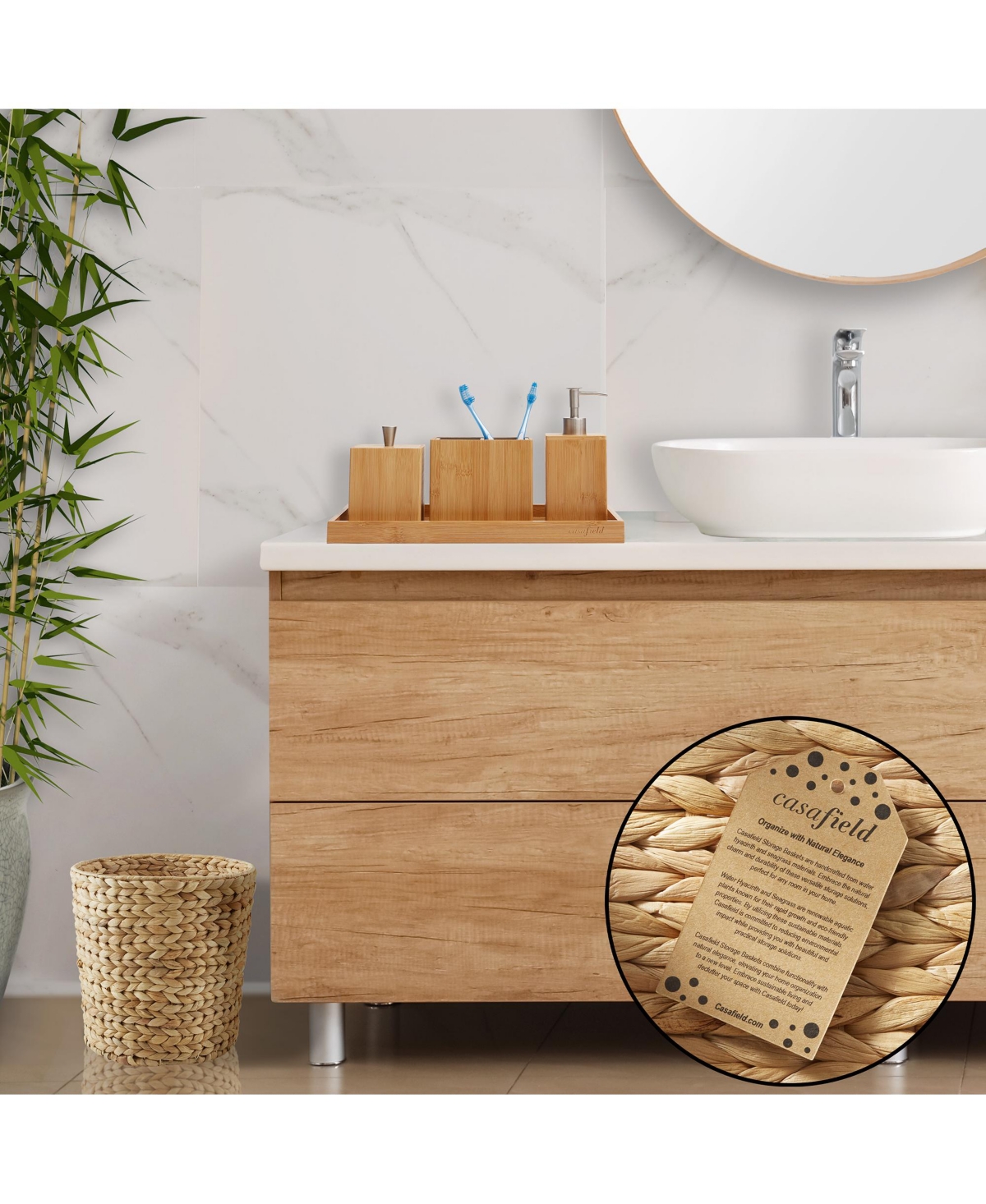 Casafield (Set of 2) Hyacinth Waste Baskets - Woven Trash Can Bins for Garbage in the Bathroom, Bedroom, Laundry Room, Home Office - Natural