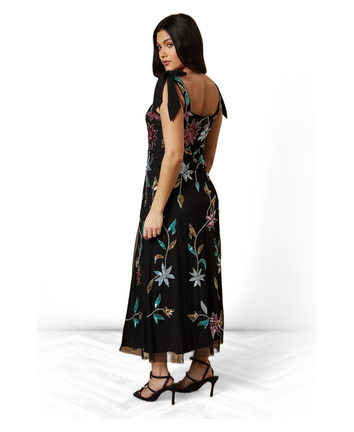 Women's Floral Embellished Split Midi Dress