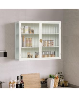28" Wall Cabinet with Glass Doors and 3-Tier Storage for Living and Dining Areas