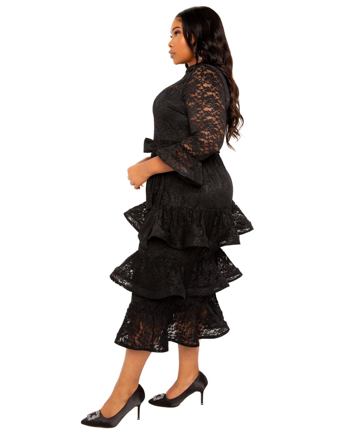 Женское платье Buxom Couture Plus Size Lace Bell Sleeve Tiered, цвет: Чёрный — фото 2