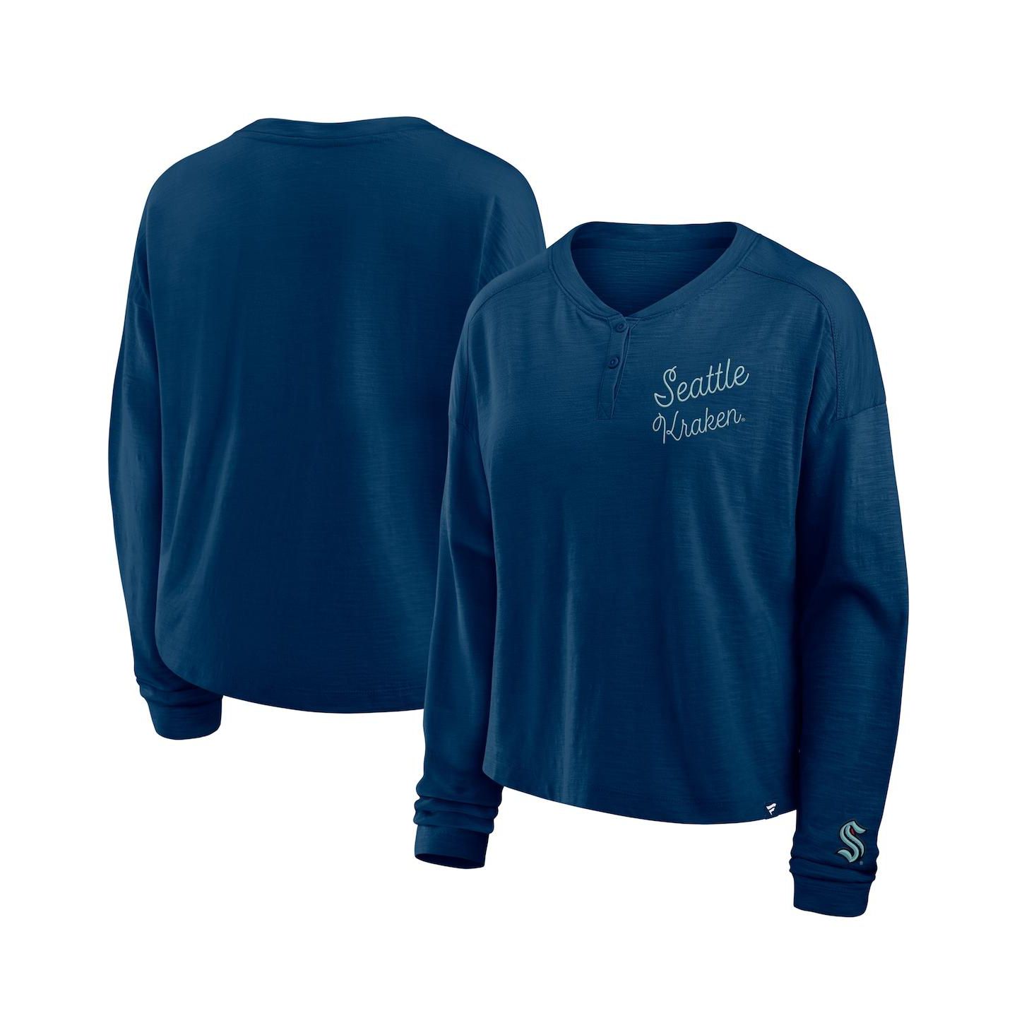 Женская футболка Fanatics Deep Sea Blue Seattle Kraken Oversized All Out Effort Long Sleeve Henley — фото 1