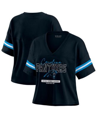WEAR by Erin Andrews - Women's Black Carolina Panthers Color Block Boxy Modest Crop V-Neck T-Shirt