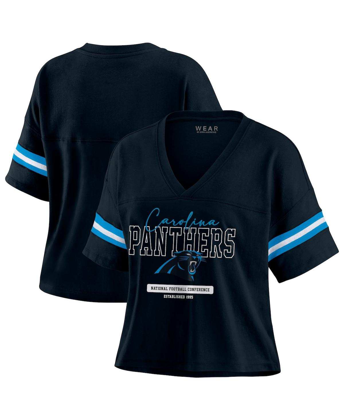 Wear By Erin Andrews Women's Black Carolina Panthers Color Block Boxy Modest Crop V-neck T-shirt In Black