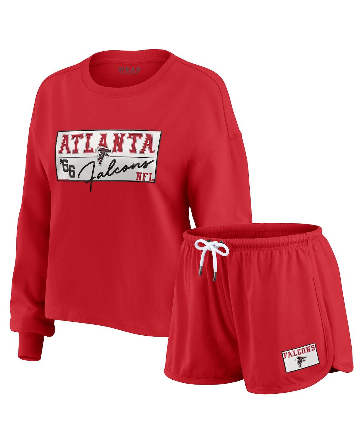 Wear By Erin Andrews Women's 2-piece Red Atlanta Falcons Heavy Rugby Jersey Long Sleeve T-shirt And Shorts Lounge Set
