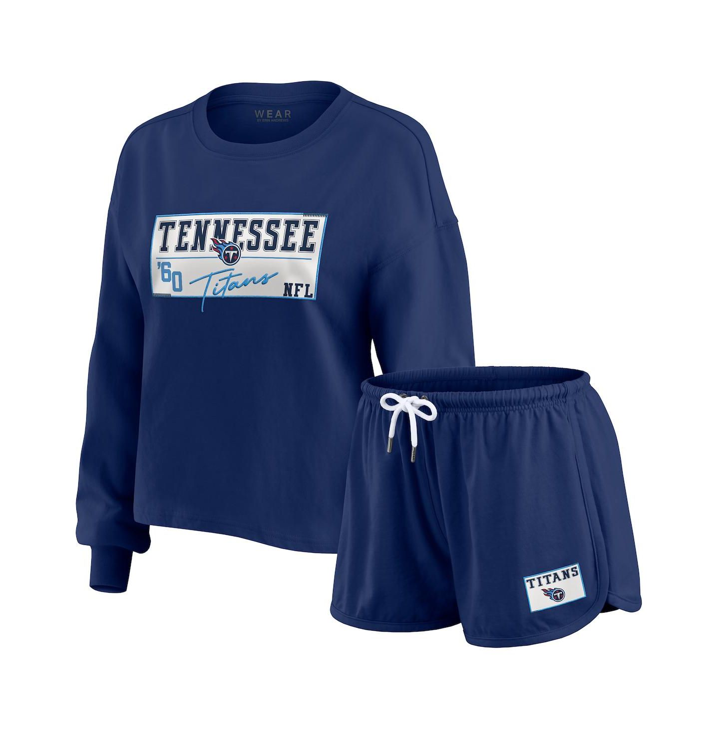 WEAR by Erin Andrews Women's 2-Piece Navy Tennessee Titans Heavy Rugby Jersey Long Sleeve T-Shirt and Shorts Lounge Set — фото 1