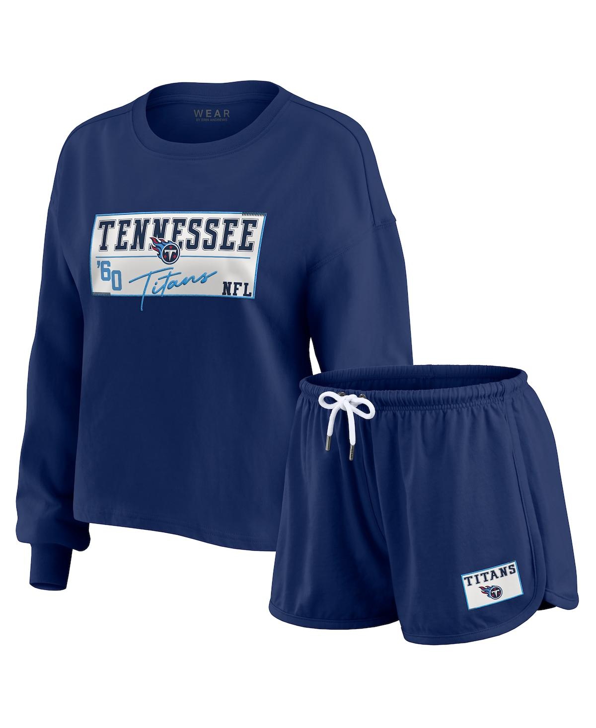 Wear By Erin Andrews Women's 2-piece Navy Tennessee Titans Heavy Rugby Jersey Long Sleeve T-shirt And Shorts Lounge Set In Blue