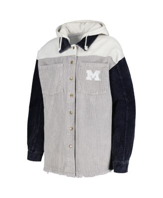Women's Gray Distressed Michigan Wolverines Vintage-Like Wash Corduroy Full-Snap Hooded Shacket