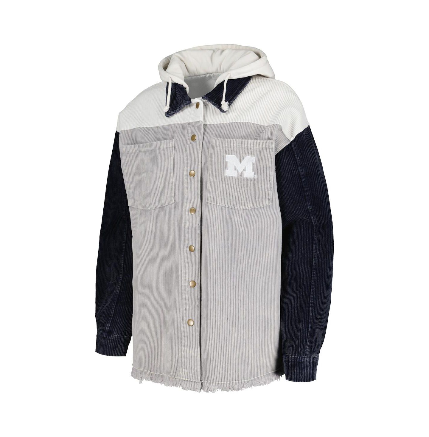 Женские куртки Gameday Couture Gray Distressed Michigan Wolverines Vintage-Like Wash Corduroy Full-Snap Hooded Shacket — фото 5