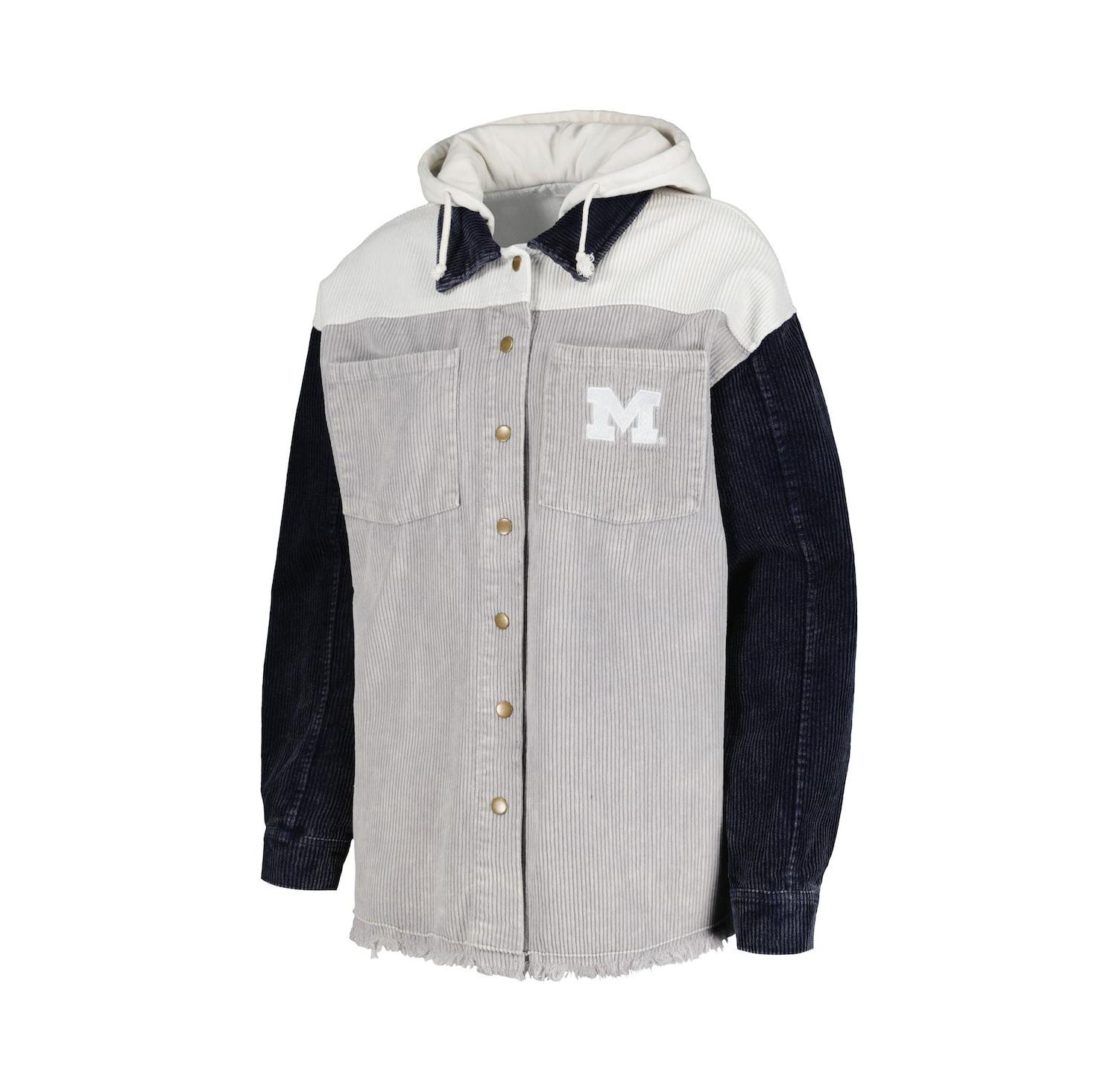 Women's Gray Distressed Michigan Wolverines Vintage-Like Wash Corduroy Full-Snap Hooded Shacket