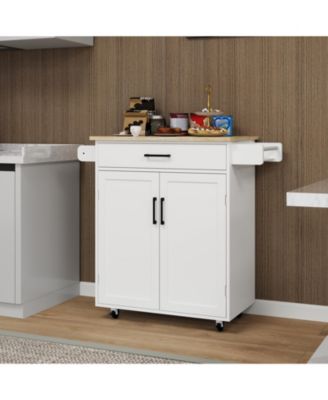 CASAINC Rubber Wood Top Rolling Cart with Drawer, Cabinet & Rack Kitchen Island