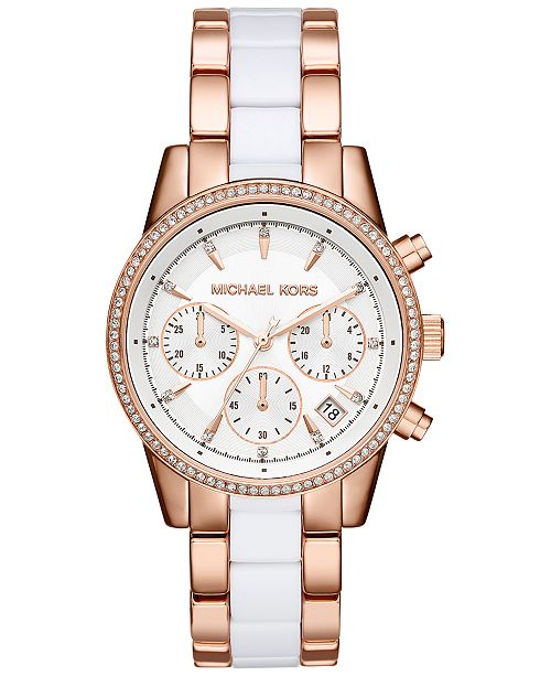 Michael Kors Women S Chronograph Ritz Two Tone Stainless Steel And Acetate Bracelet Watch 37mm Mk6324 Reviews Watches Jewelry Watches Macy S