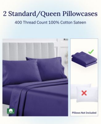 Pillowcase Set - 400 Thread Count, 100% Cotton Sateen, Set of 2 Pillow Covers, Breathable, Cooling, Soft for Quality Sleep