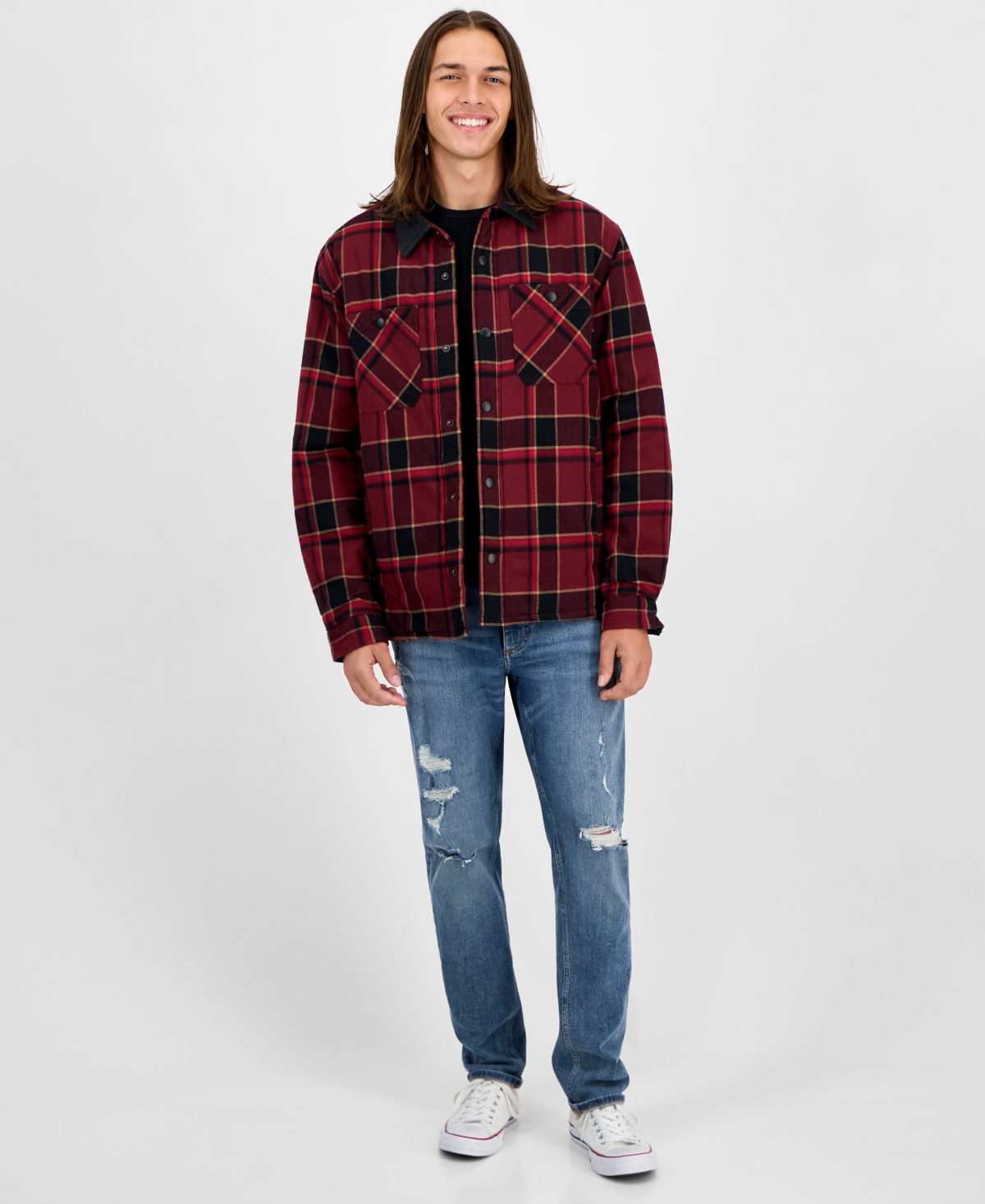 Sun + Stone Men's Gurley Long Sleeve Snap-front Plaid Shirt Jacket, Macy's Exclusive In Brown