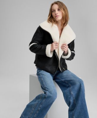 Women's Faux-Shearling Oversized Collar Moto Jacket, Macy's Exclusive