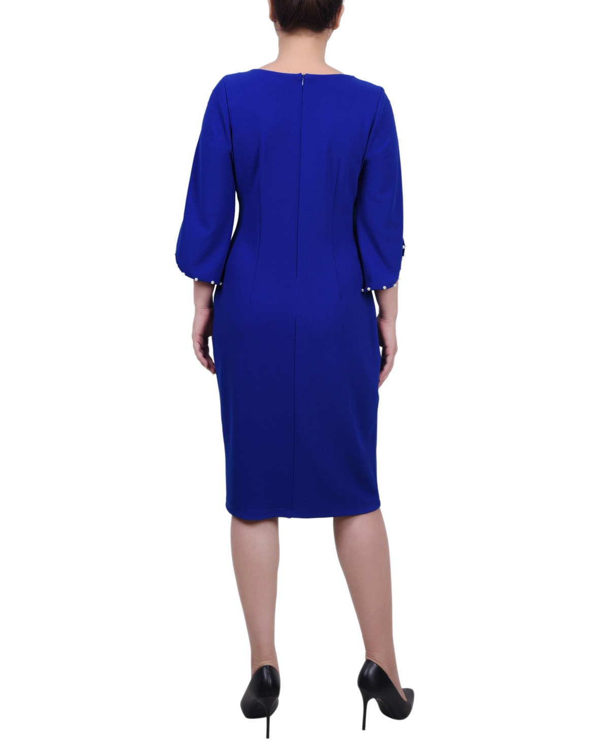 Ny Collection Petite 3/4 Cultivated Pearl Detail Petal Sleeve Dress In Blue
