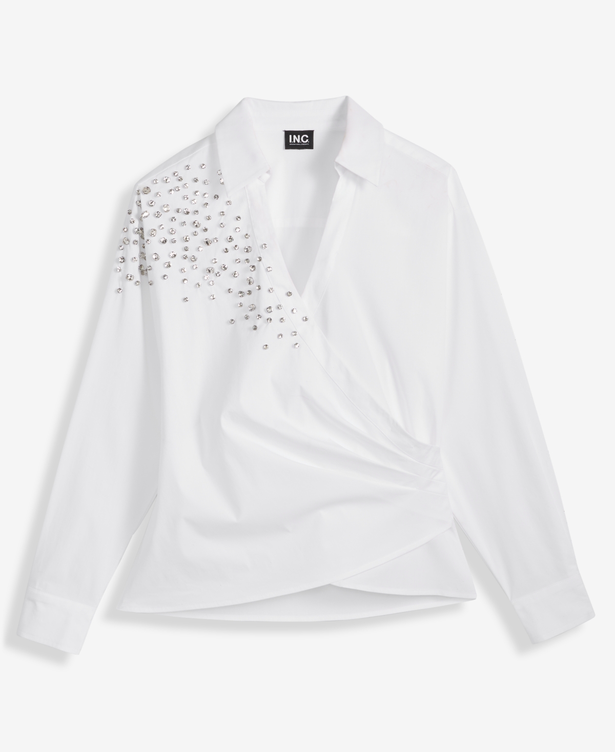 Inc International Concepts Women's Embellished Faux-wrap Shirt, Macy's Exclusive In White