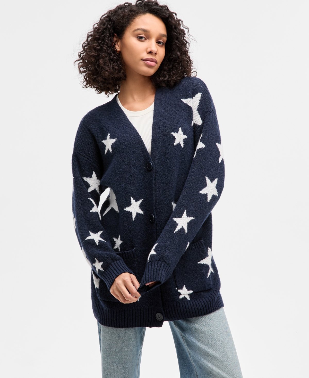 Hippie Rose Juniors' V-Neck Button Front Teddy Long Cardigan