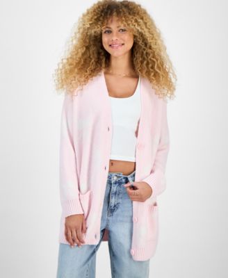 Juniors' V-Neck Button Front Teddy Long Cardigan